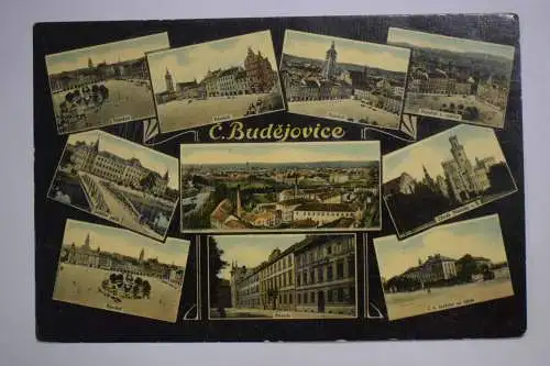 Ak C. Budejovice, Namesti, Beseda, Zamek Hluboka, tovarna na tabak,  um 1910