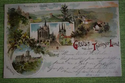 Ak Gruss aus dem Thüringer Land, Wartburg, Rudelsburg, Schwarzburg  1900 gel.