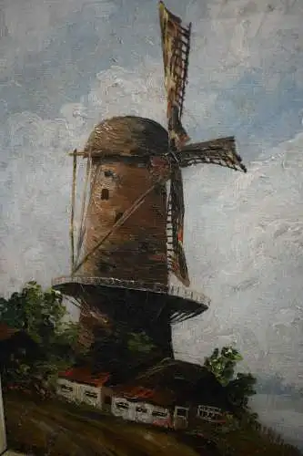 Schönes Ölgemälde, Holländische Szene mit Windmühle, signiert