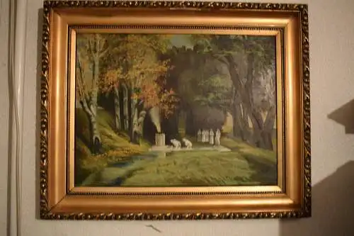 Schönes Bild, Öl auf Leinwand, Friedhofszene, breiter Goldrahmen, Vanitas