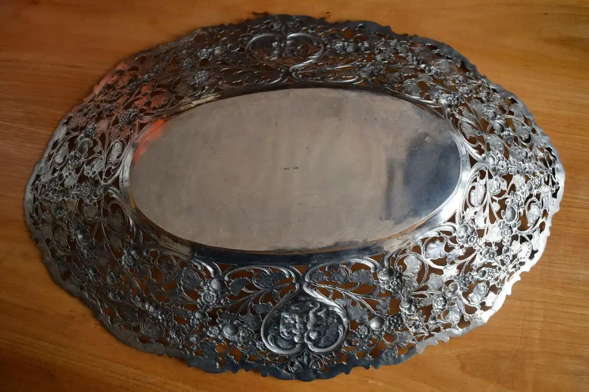 Schöne große Silberschale, 800 Silber Halbmond Krone, 470g, kleine Puttis, Rosen 3