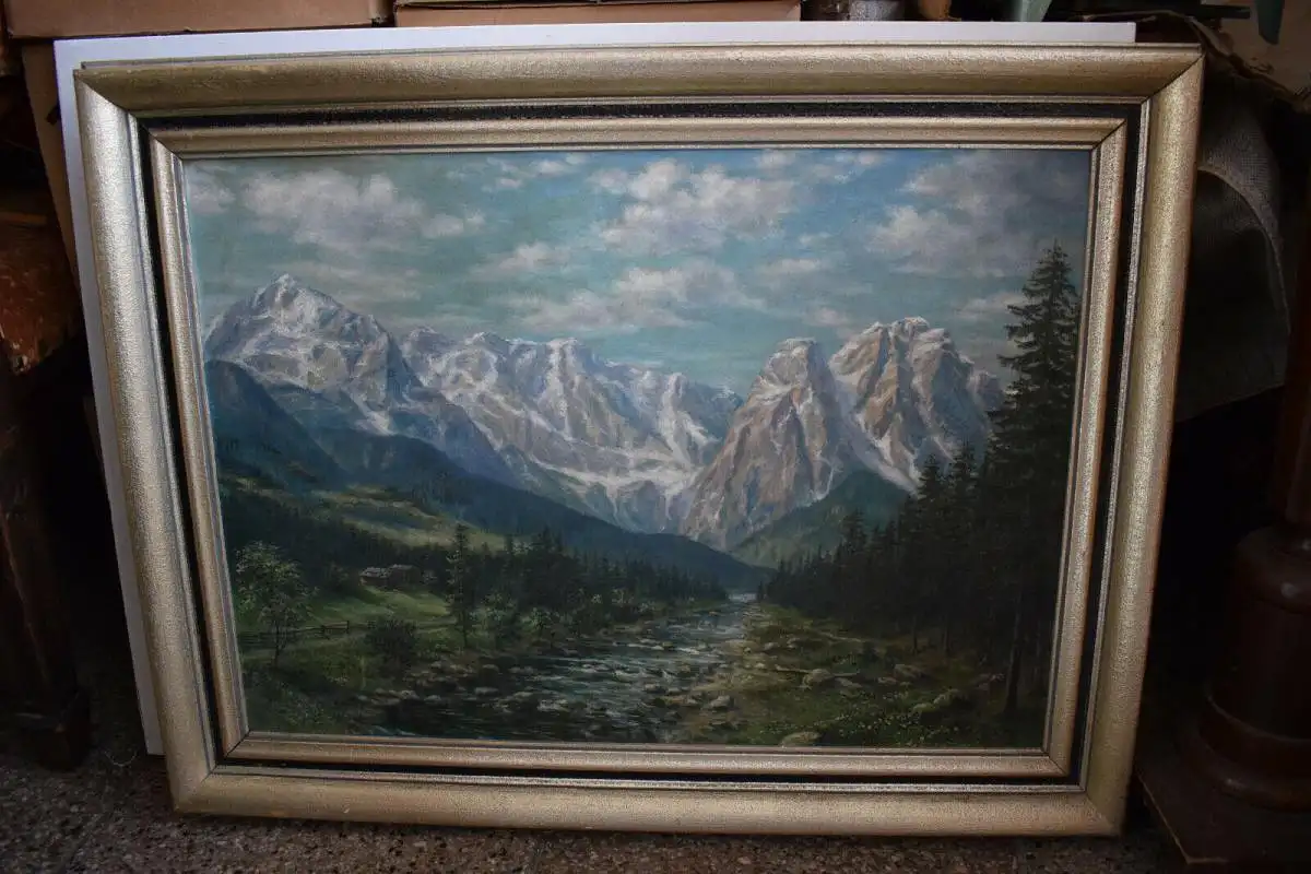 Schönes Ölgemälde Loisachtal mit Zugspitzgruppe, Monogrammist, Top Zustand 0