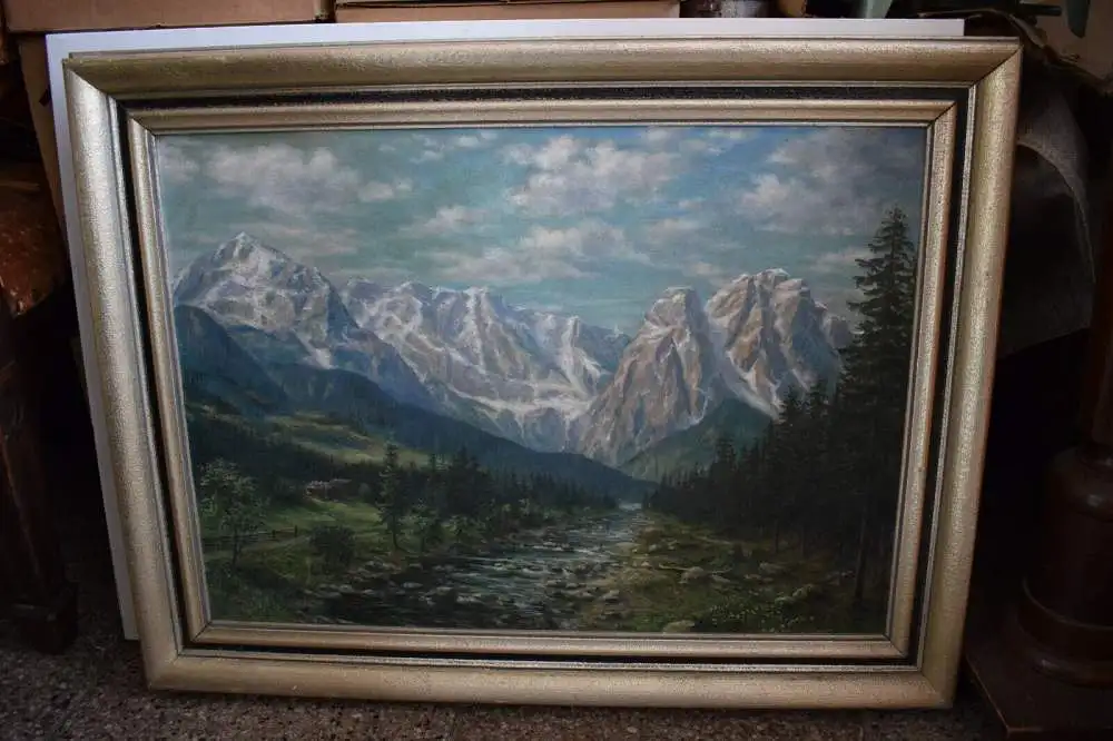 Schönes Ölgemälde Loisachtal mit Zugspitzgruppe, Monogrammist, Top Zustand 0