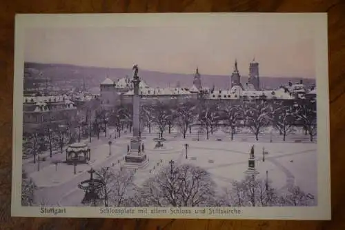 Ak Stuttgart, Schlossplatz mit altem Schloss und Stiftskirche,  Winterkarte