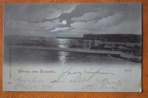 Ak Gruss aus Sassnitz, Hafen, um 1898 gelaufen, Mondscheinkarte