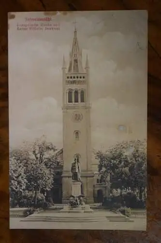 Ak Schneidemühl, Evangelische Kirche und Kaiser Wilhelm Denkmal um 1913 gelaufen