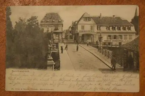 Ak Bad-Kreuznach, Nahebrücke, Schwanen Apotheke 1901 gelaufen