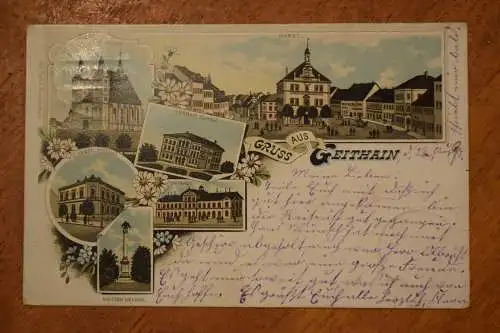 Ak Gruss aus Geithain, Bahnhof, Bürgerschule, Nikolaikirche, Post, Markt, 1897 g