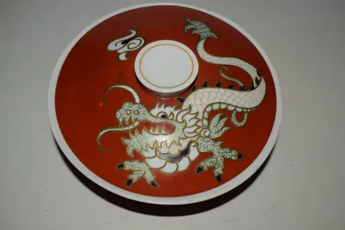 Schöne runde Dose von Schaubachkunst mit Drachen, top Zustand! passende Vase