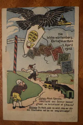 Ak Die letzten württemberg. Briefmarken 1. April 1902,  1902 gelaufen