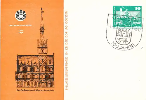 700 Jahre Golssen 1976, GA Bauwerke 10 Pf, SSt GOLSSEN Stadtwappen 8.6.1976