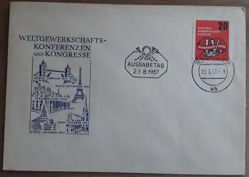1957  Weltgewerkschaftskongress Leipzig Tagesstempel 23.8.57