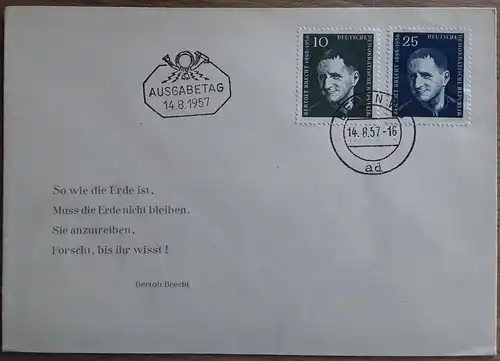 1957 1. Todestag von Berthold Brecht Tagesstempel 14.8.1957 Berlin