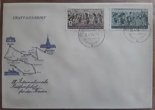 1954 Internationale Radfernfahrt für den Frieden Warschau - Berlin  - Prag  Tagesstempel 30.4.1954  Bleicherode 