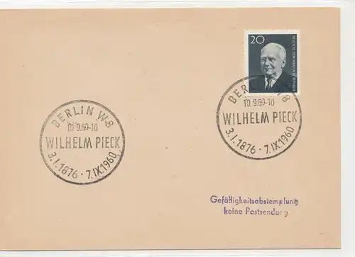 1960 Sonderstempel auf Gefälligkeitsabstemplung zum Todestag von Wilhelm Pieck SSt Berlin 10.9.60 