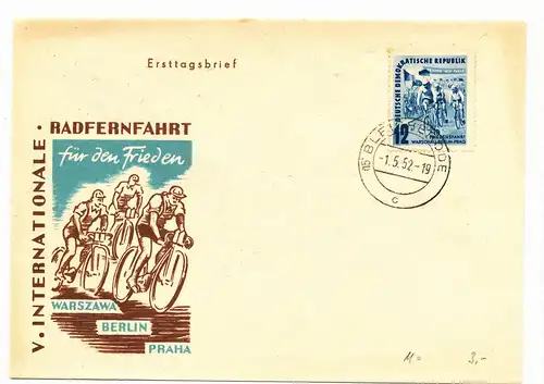 1952 Internationale Radfernfahrt für den Frieden Warschau - Berlin - Prag    Tagesstempel 1.5.1952 Bleicherode