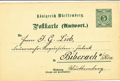 Württemberg  Postkarte Antwortteil MiNr. P 40 A