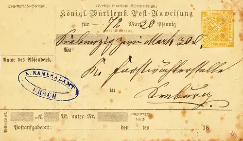 Württemberg  Postanweisung-Dienstumschlag  MiNr. ADU 16 Type  II a  Stempel K.KAMERALAMT URACH