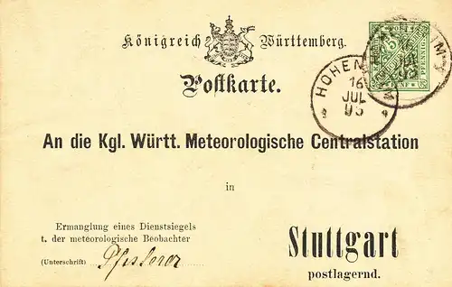 Württemberg MiNr. DFB 15 ⊙ Dienstpostkarte Allgemeiner Witterungsbericht Hohenheim 16. Juli 1893