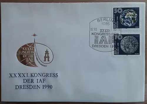 1990 Kongress der Internationalen Astronautischen Förderation (IAF)  Dresden FDC 2 (MiNr.3361,3362)  SSt Berlin 2.10.90