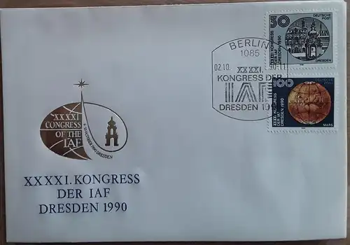 1990 Kongress der Internationalen Astronautischen Förderation (IAF)  Dresden FDC 1 (MiNr.3360,3363)  SSt Berlin 2.10.90