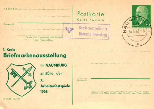 P 75 (3a)  Naumburg 1. Kreis- Briefmarkenausstellung anläßlich der X. Arbeiterfestspiele 1968