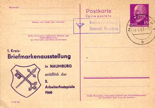 P 72 (1a- 68)  Naumburg 1. Kreis- Briefmarkenausstellung anläßlich der X. Arbeiterfestspiele 1968