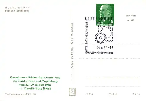 PP 09 (16-65) Gemeinsame Briefmarkenausstellung der Bezirke Halle und Magdeburg - Quedlinburg - Blick vom Schlossberg SSt.