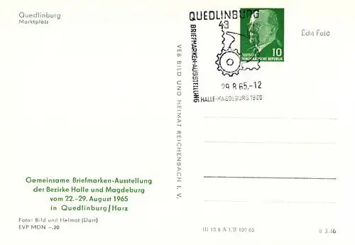 PP 09 (14-65) Gemeinsame Briefmarkenausstellung der Bezirke Halle und Magdeburg - Quedlinburg - Marktplatz SSt.