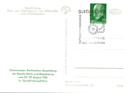 PP 09 (7-65) Gemeinsame Briefmarkenausstellung der Bezirke Halle und Magdeburg - Quedlinburg - Blick vom Schloßgarten zur Stiftskirche und Schloßmuseum SSt.