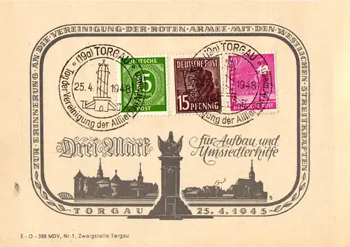Torgau Sonderkarte 3 Mark für Aufbau und Umsiedlerhilfe SSt 25.4.1948