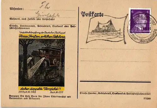  Postkarte Unfallbekämpfung der Deutschen Reichspost Nr. 383, SSt. Deutsche Seepost Gedser - Warnemünde