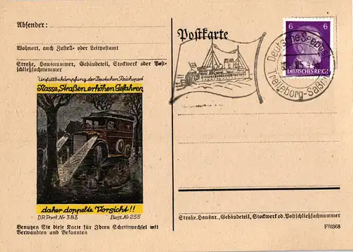  Postkarte Unfallbekämpfung der Deutschen Reichspost Nr. 383, SSt. Deutsche Seepost Trelleborg - Saßnitz