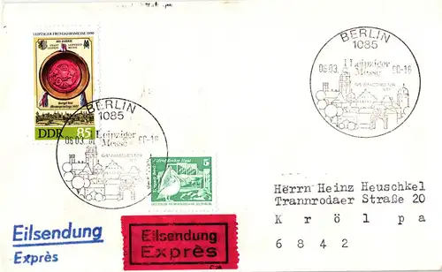 Berlin nach Krölpa über Pössneck  Bahnpost Mischfrankatur Leipziger Frühjahrsmesse - Eilsendung - Express 06.03.1990