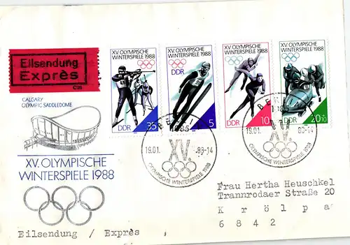Berlin nach Krölpa über Pössneck  Bahnpost XV. Olympische Winterspiele 1988 Calgary  - Eilsendung - Express SSt. 19.01.1988
