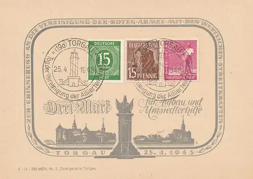 Torgau Sonderkarte 3 Mark für Aufbau und Umsiedlerhilfe SSt 25.4.1948