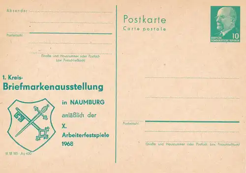 P 75 (3a)  Naumburg 1. Kreis- Briefmarkenausstellung anläßlich der X. Arbeiterfestspiele 1968