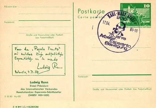 Karl-Marx-Stadt Ludwig Renn - Präsident des IAREV ,  P 79 / 11 - 81 SSt