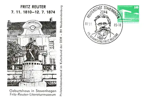 Stavenhagen 175. Geburtstag von Fritz Reuter SSt, PP 18 A / 11 - 85  