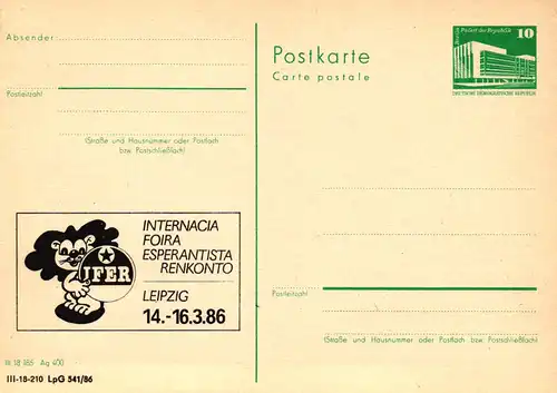 Leipzig Intern. Esperanto-Messetreffen 1986,  P 84  A / 1 - 86 