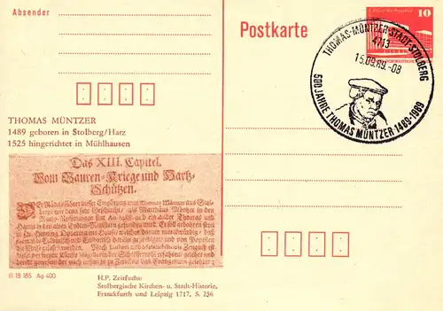 Stolberg 500. Geburtstag von Thomas Müntzer ,  P 86 II A / 36 - 89 