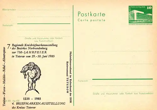 Teterow 7. Regionale Briefmarkenausstellung in Neubrandenburg,  P 84 A / 19a - 85