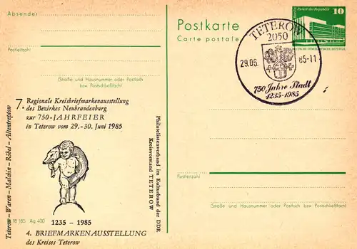 Teterow 7. Regionale Briefmarkenausstellung in Neubrandenburg,  P 84 A / 19a - 85