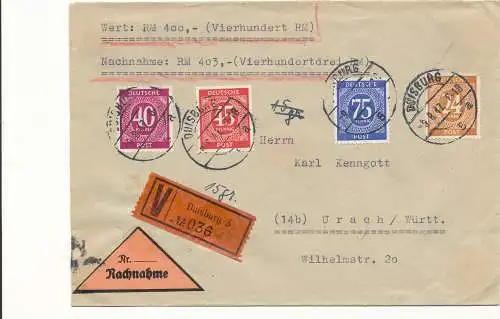 Alliierte Besetzung Gemeinschaftsausgaben Wertbrief (400 RM) Duisburg - Urach / Württ., 9.8.47