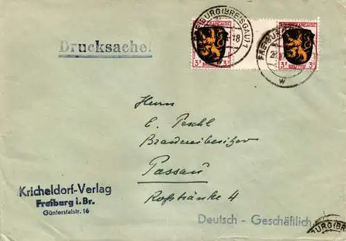 Freiburg nach Passau Drucksache Brief 3 Pfg. Wappen 2er Streifen/Zwischensteg 1946