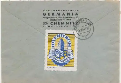 Chemnitz Einschreibebrief 1947 - Maschinenfabrik Germania / Werbemarke HILF MIT BEIM WIEDERAUFBAU CHEMNITZ