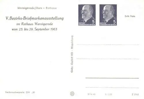 Wernigerode V. Bezirksbriefmarkenausstellung im Rathaus 1963 Rs. Rathaus von Wernigerode -  PP 12 / 3 - 63