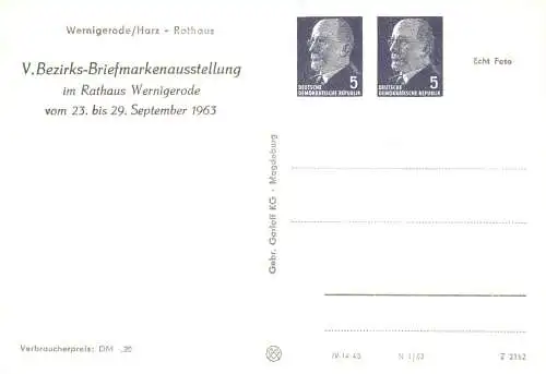 Wernigerode V. Bezirksbriefmarkenausstellung 1963 -  PP 12 / 3 - 63
