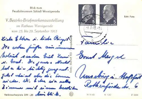 Wernigerode V. Bezirksbriefmarkenausstellung im Rathaus 1963  Rs. Feudalmuseum Schloss Wernigerode  -  PP 12 / 4 - 63