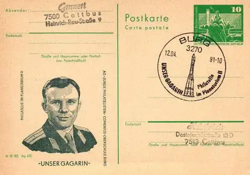 Burg,  Philatelie im Planetarium II, Juri Gagarin, SSt.  P 79 / 8 - 81 
